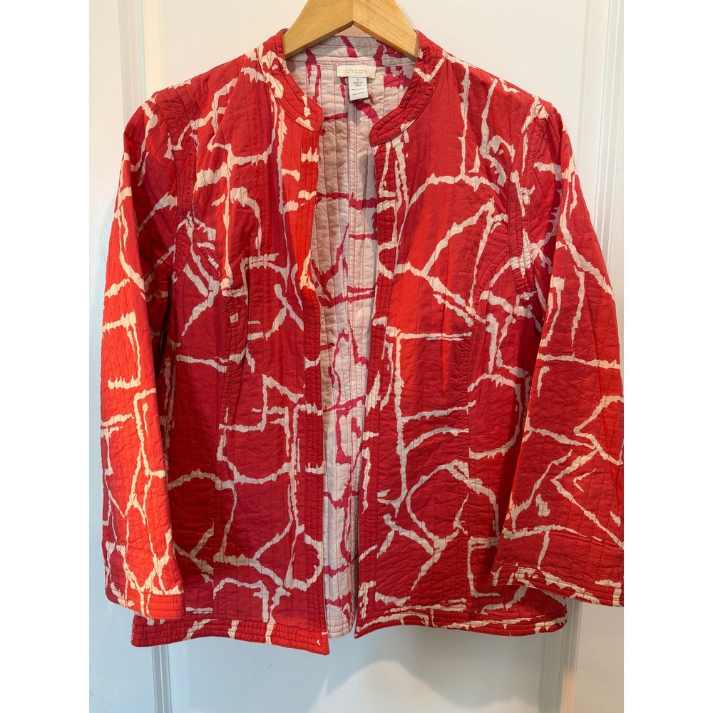 Chicos Red White Abstract Quilted Cotton Open Front Jacket Size 1 M Mandarin